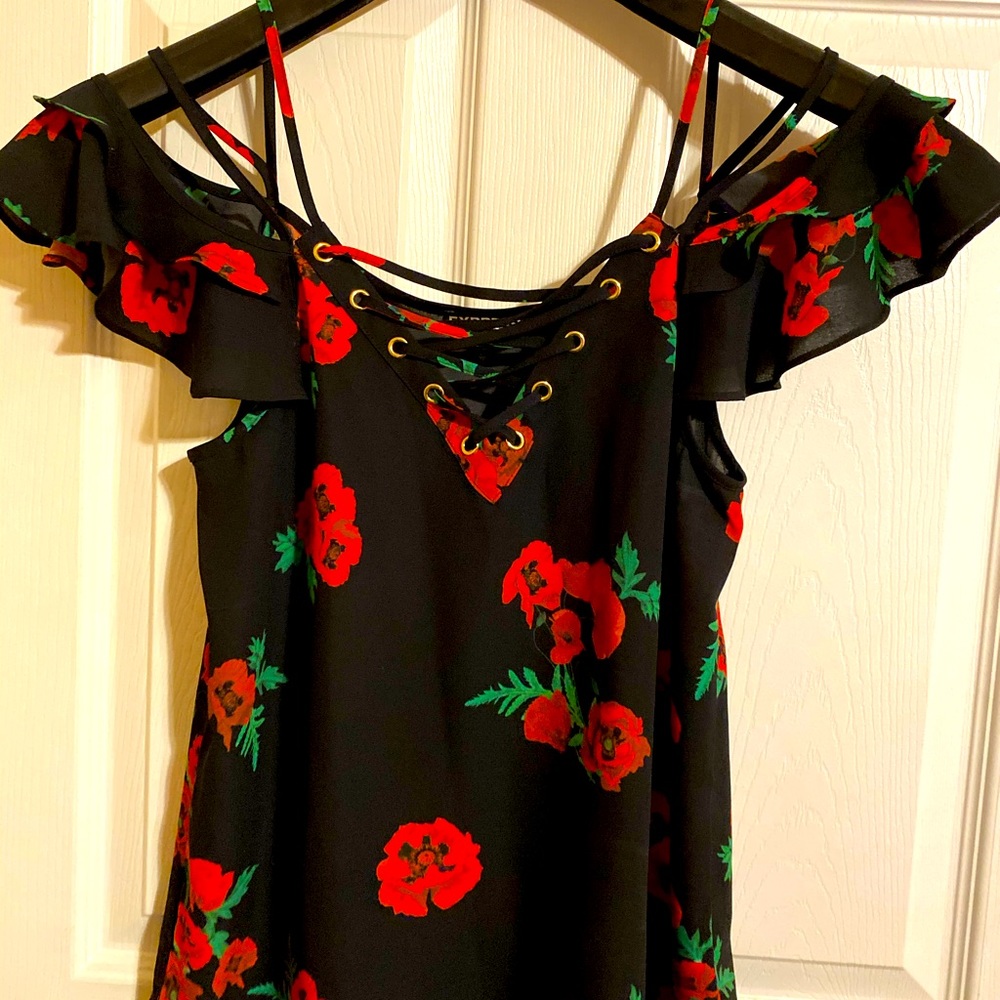 Express Flower Black Top with ruffle Sz XS